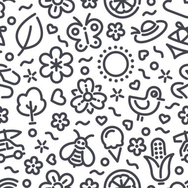 Simgeli Yaz Şablonu. Yaz dönemi tasarımında kullanılabilir. Beyaz arka planda izole edilmiş. Vektör clipart şablonu.