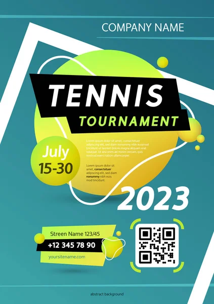 Tenis Turnuvası Poster Şablonu. Sarı toplu soyut tenis kortu. Spor projeleri için stok vektörü modern Clipart.