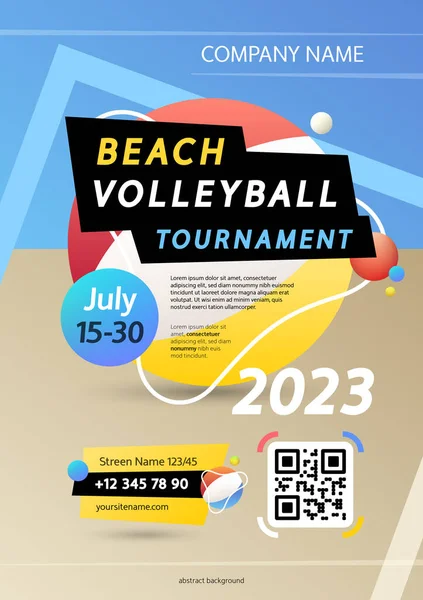 Beach Volleybal Toernooi Poster Sjabloon Abstract Tennisbaan Achtergrond Met Kleurrijke — Stockvector
