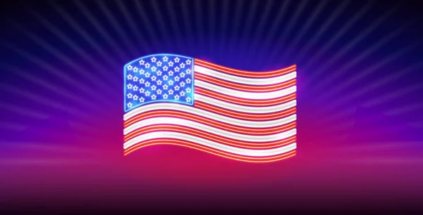 Neon Sign Waving Usa Flagge Auf Verschwommenem Hintergrund Vector Clipart — Stockvektor