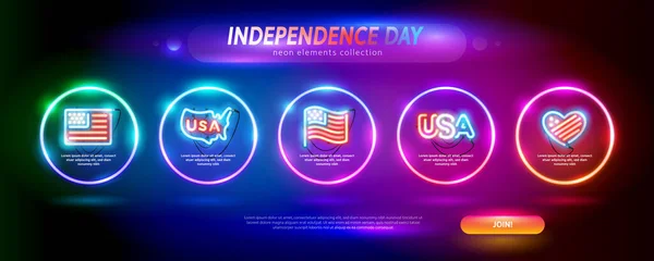 Usa Independence Day Neon Elements Set Blurred Background Inglés Clipart — Archivo Imágenes Vectoriales