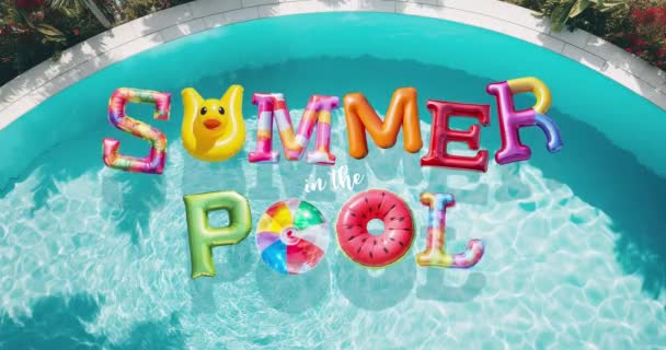 プール内の夏水平背景アニメーション ループ映像だ 水の上に浮くインフレータブルマットレスからカラフルなフレーズ ストック動画
