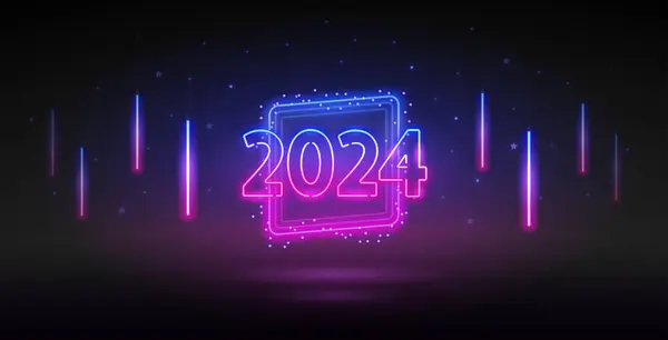 2024年新年黑色背景的霓虹灯设计模板 你度假计划的病媒群 — 图库矢量图片