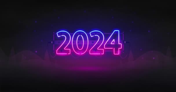 Nieuwjaar 2024 Neon Sign Dark Background Animation Beelden Voor Vakantieproject Stockvideo's