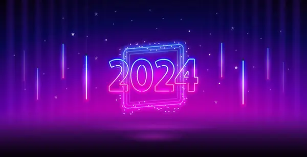 Neujahr 2024 Neon Design Vorlage Auf Dunkelviolettem Hintergrund Vektorcliparts Für — Stockvektor
