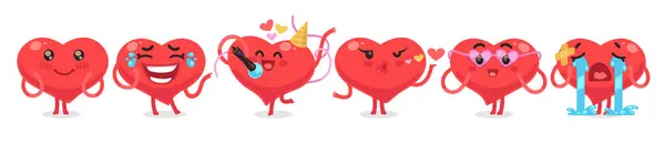 Valentines Hearts Cartoon Flat Style Characters Set Sammlung Romantischer Aufkleber — Stockvektor