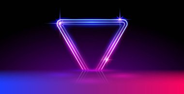 Retro dalga stili Üçgen Çerçeveli Boş Soyut Geometri Kırmızı ve Mavi Neon Arkaplanı. Siber punk tarzı proje tasarımınız için vektör klip sanatı.