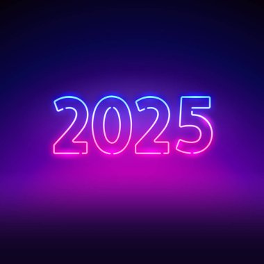 Mutlu yıllar 2025 Neon Tabelası. Tatil projeleri için vektör illüstrasyonu.