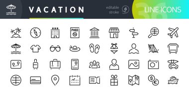 Düzenlenebilir Vuruşlu 36 Vaction Line Simgesi kümesi. İnternet, bilgi grafikleri ve uygulamalar için uygun. Beyaz arkaplanda izole.