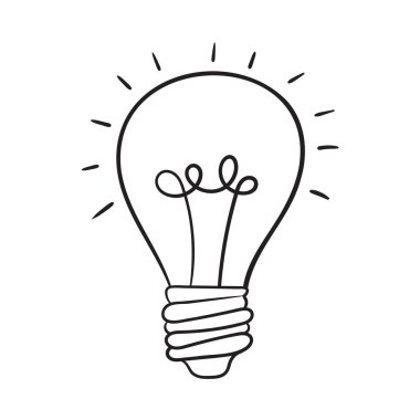Çizgi film tarzında bir Ampulün Doodle Vektör İllüstrasyonu. Beyaz arka planda izole edilmiş. Komik çizim tarzı ikonu. Yaratıcı tasarımlar, enerji temalı projeler ve parlak fikirler için ideal..