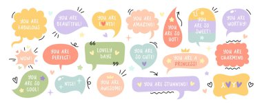 İçinde aşk alıntıları ve iltifatlar olan karalama konuşma baloncukları koleksiyonu. Romantik Sevgililer Günü projeleri için vektör. Beyaz arkaplanda izole.