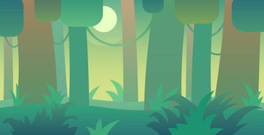 Yoğun Orman Manzarası Düz Stil Vektör İllüstrasyonu. İnternet, oyunlar ve kitaplar için uygun. Yatay biçim.