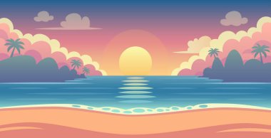 Sunset Beach Manzarası Düz Stil Vektör İllüstrasyonu. İnternet, oyunlar ve kitaplar için uygun. Yatay biçim.