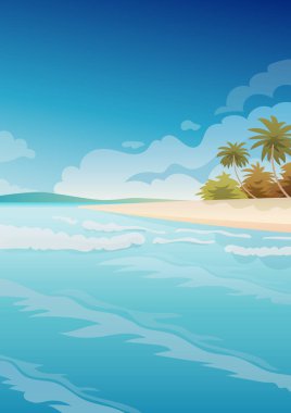 Tropikal Yaz Sahili Vektör İllüstrasyonu Dikey Formatta. Tatil temalı web siteleri, afişler ve seyahat promosyonları için mükemmel..