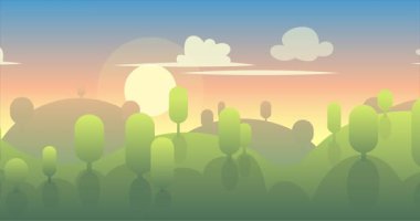 Peaceful Meadows 'un 2D Parallax Döngüsü Canlandırması. Yeşil ağaçlar, tüylü beyaz bulutlar ve uzak tepeler.