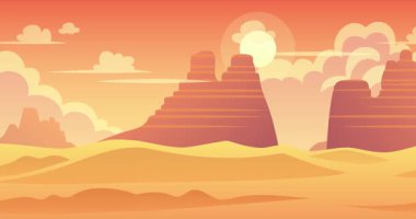 Sıcak Çöl Manzarası 'nın 2D Parallax Döngüsü. Sarı kum, kabarık bulutlar ve uzak dağ zirveleri.