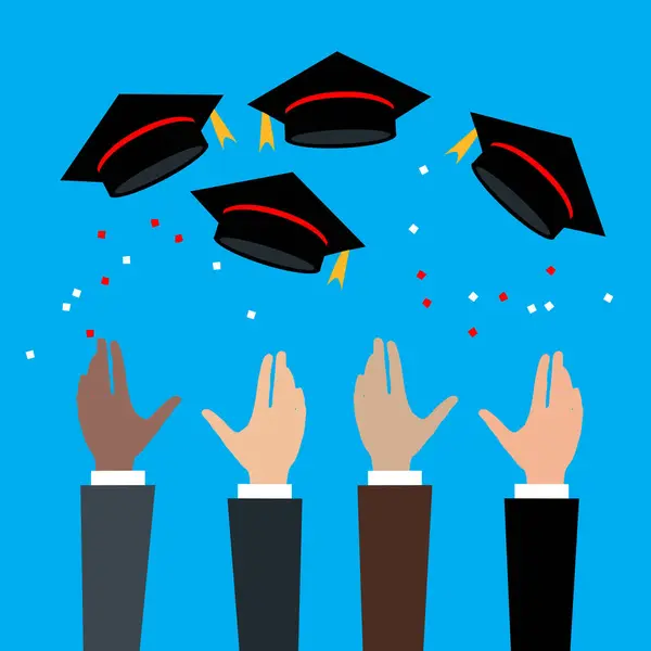 Mezuniyet töreni vektör illüstrasyonu. Mezuniyeti kutlamak için el sallayan eller.