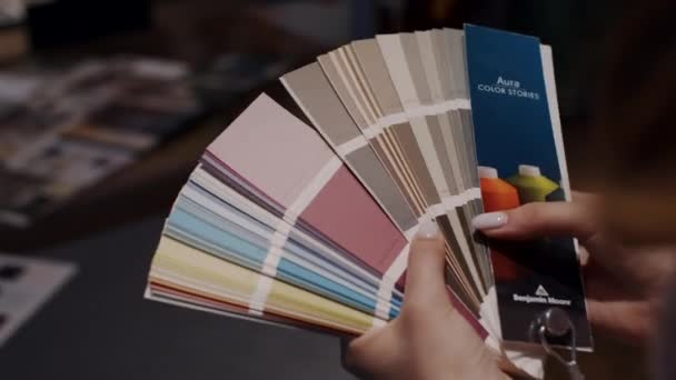 Designer Shows Color Palette Samples Closeup High Quality Fullhd Footage — Stockvideo