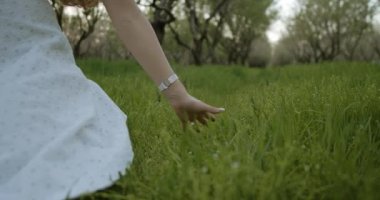 Nazik bir el yemyeşil çimenlere hafifçe dokunur, doğal ortamda derin bir sükunet hissi uyandırır.