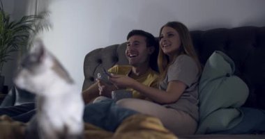Neşeli bir çift, kedileriyle birlikte rahat koltuklarında video oyunu oynuyor.