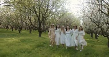 Zarif beyaz elbiseli bir grup kadın güzel çiçeklerle dolu canlı bir meyve bahçesinde geziniyor.