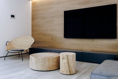 İki güzel ahşap masanın olduğu rahat bir oturma odası hayal edin. Duvara şık bir şekilde monte edilmiş düz ekran televizyon.