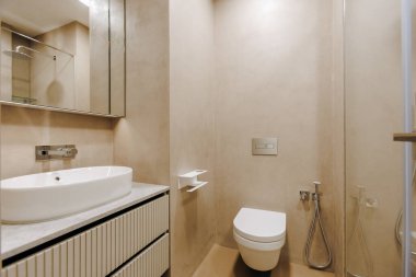 Tuvalet, lavabo ve tam bir işlevsellik ve rahatlık için duş gibi temel eşyaları içeren iyi tasarlanmış bir banyo.
