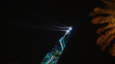 Bu video, yıldızlı bir gökyüzüne, sallanan bir palmiye ağacına ve huzurlu, rahatlatıcı bir atmosfere karşı parlayan bir deniz feneri sahnesini içeriyor.