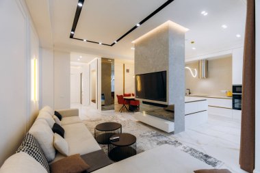 This stylish and contemporary living room is characterized by its open layout and elegant, tasteful decor