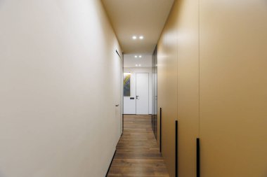 A sleek, modern hallway that features a truly minimalist design complemented by contemporary lighting fixtures