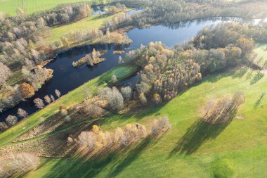 Havadan güzel bir sonbahar sabahının panoramik manzarası, golf sahası, nehir, çok renkli ağaçlar ve yeşil çimenler, sıcak güneş ışığı, gölgeler.