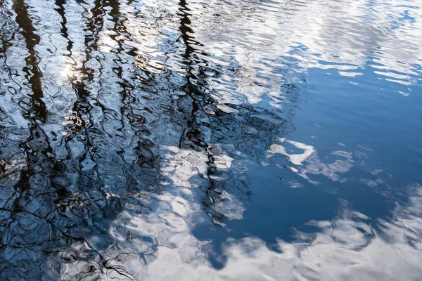 Piękne Odbicie Natury Drzewa Wodzie Wiosenna Atmosfera Słońce Błękitne Niebo — Zdjęcie stockowe