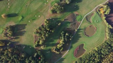 Aerial view on a green golf course in autumn. Golf competition, golfers. Big and beautiful shadows of trees.  
