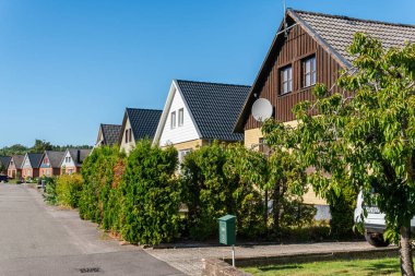 Sweden, Knislinge  July 30, 2022: Beautiful decorated facade of a typical private residential house in Europe. Architecture, stylish house. Concept of a building. Summer house. Vintage style.