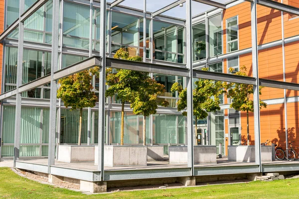 Modern mimari, ofis merkezi kavramı. İş merkezinin yakınında küçük ağaçlar olan yeşil alan. Etkileyici ve alışılmadık bir tasarım. Şehirdeki ekoloji. Şehircilik. Yeşil eğlence alanı.