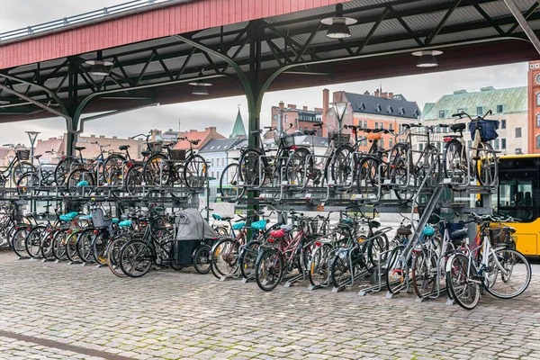 Suède Malmo Octobre 2022 Porte Vélos Public Deux Niveaux Places — Photo