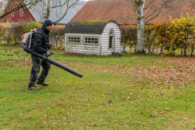 İsveç, Knislinge 26 Ekim 2022: Bir adam büyük bir hava üfleme makinesiyle düşen sonbahar yapraklarını temizliyor