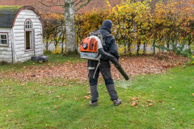 İsveç, Knislinge 26 Ekim 2022: Bir adam büyük bir hava üfleme makinesiyle düşen sonbahar yapraklarını temizliyor