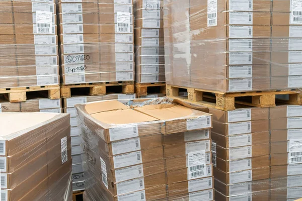 stock image Sweden, Malmo  November 15, 2022: Many carton packages with products stacked on a warehouse