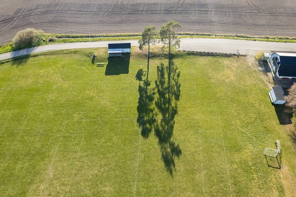 Vista Aérea Dos Campos Campo Futebol Agricultura Dia Ensolarado Ambiente — Fotografia de Stock