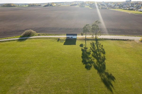 Vista Aérea Dos Campos Campo Futebol Agricultura Dia Ensolarado Ambiente — Fotografia de Stock