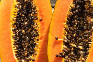 Sıcak ve güneşli bir günde pencere kenarında iki papaya. Papaya ikiye bölündü..