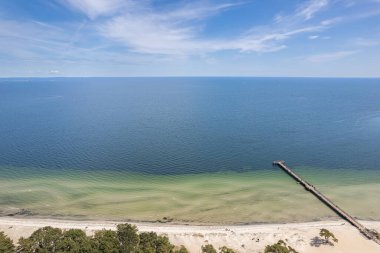 Plaj ve denizin havadan görünüşü. Güzel deniz, deniz manzarası, deniz manzarası. Sahile yakın bir orman. Güneşli bir yaz günü. Tatil ve eğlence alanı. 