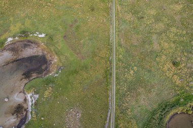 Bir yol ve çayırın havadan görünüşü, yeşil çimen ve suyla dolu bir çayır.