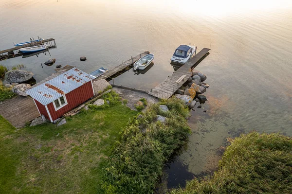 Aerial View Little Berth Swedish Village Sunset Typical Tiny Cozy — Stock Photo, Image