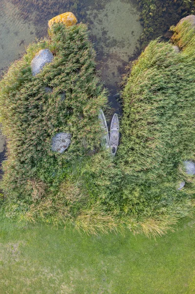 Két Nagy Zöld Fűben Horgonyzó Kajak Légi Kilátása — Stock Fotó