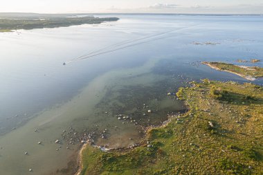 Deniz manzarası, deniz manzarası, deniz manzarası. Vahşi doğa ve su. Taşlar, çimenler ve su. Dokunulmamış doğa. Ulusal doğa rezervi, ulusal park.