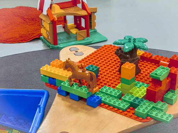 Sweden, Stockholm  December 7, 2023: Stylish and comfortable European kindergarten for small children, classroom. Playing room, playroom, game room.