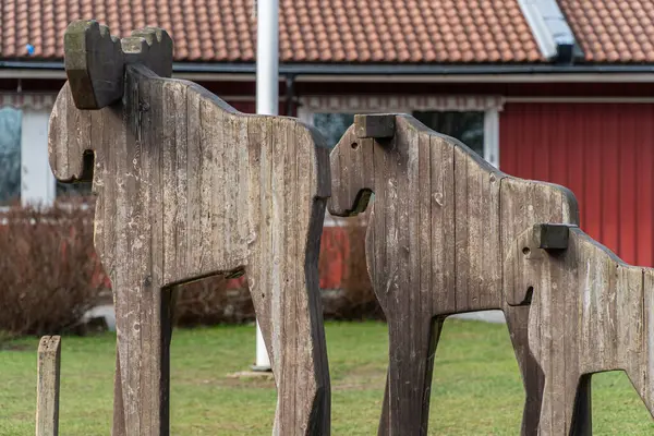 stock image Sweden, Knislinge  March 29, 2024: Wooden moose, wood sculpture, symbol of Sweden