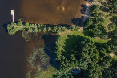 Orman ve göl yakınlarındaki doğada güzel bir eğlence alanı. Hava görüntüsü. Ulusal park ve yüzme alanı.